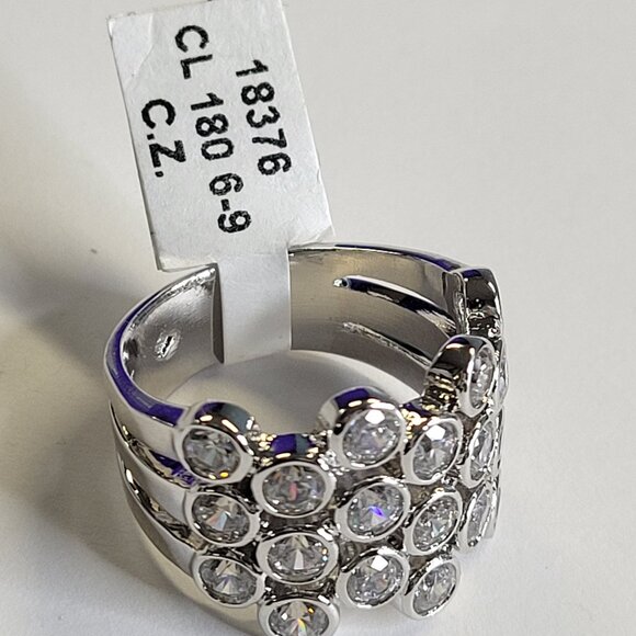 Clear Rhinestones Ring Size 9 Wide Band Silver Tone - Size 9 - Picture 12 of 14